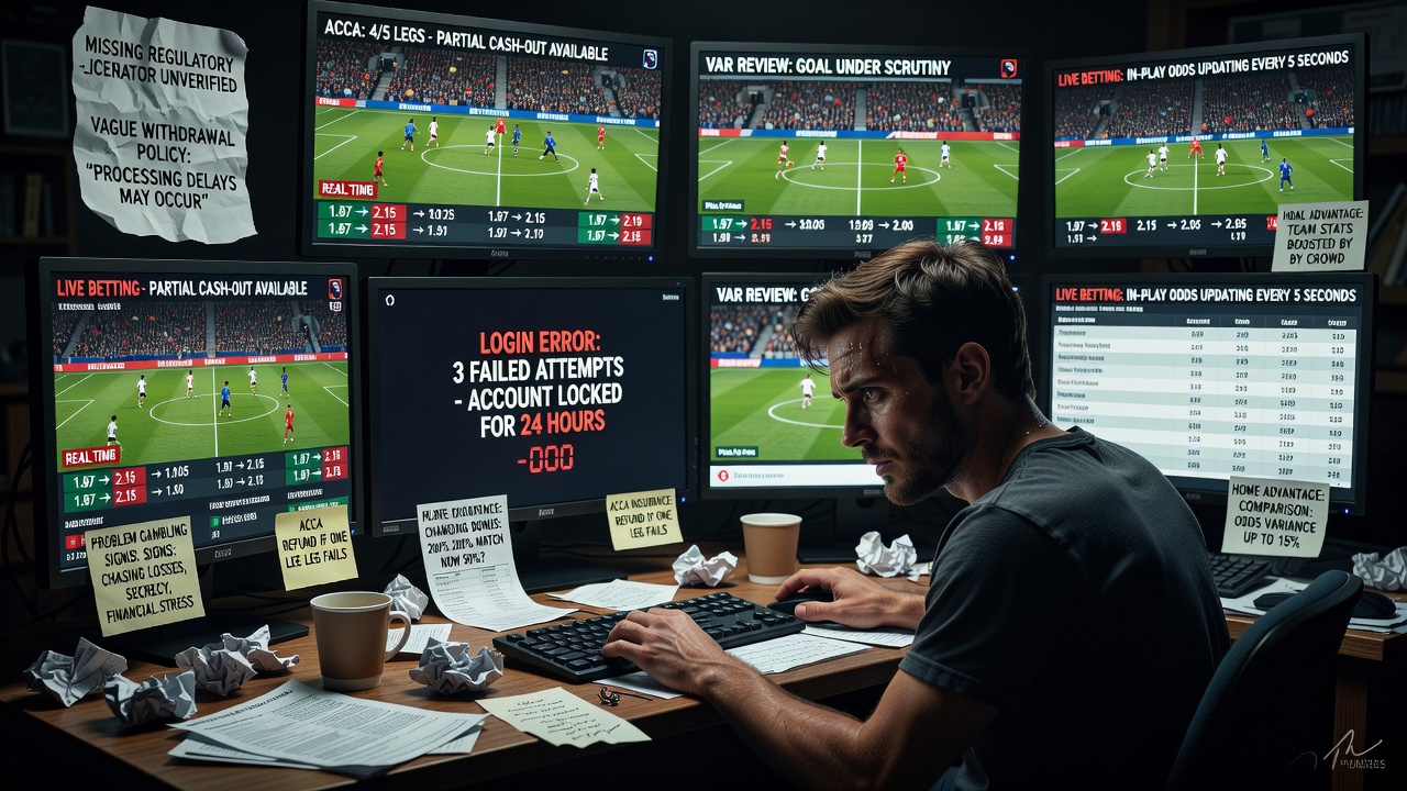 Online Casino and Football Betting Guide: Problem Gambling Signs, Scam Red Flags, Account Access, Complaints, Live Betting Features, VAR, Acca Insurance, Home Advantage and Platform Comparisons